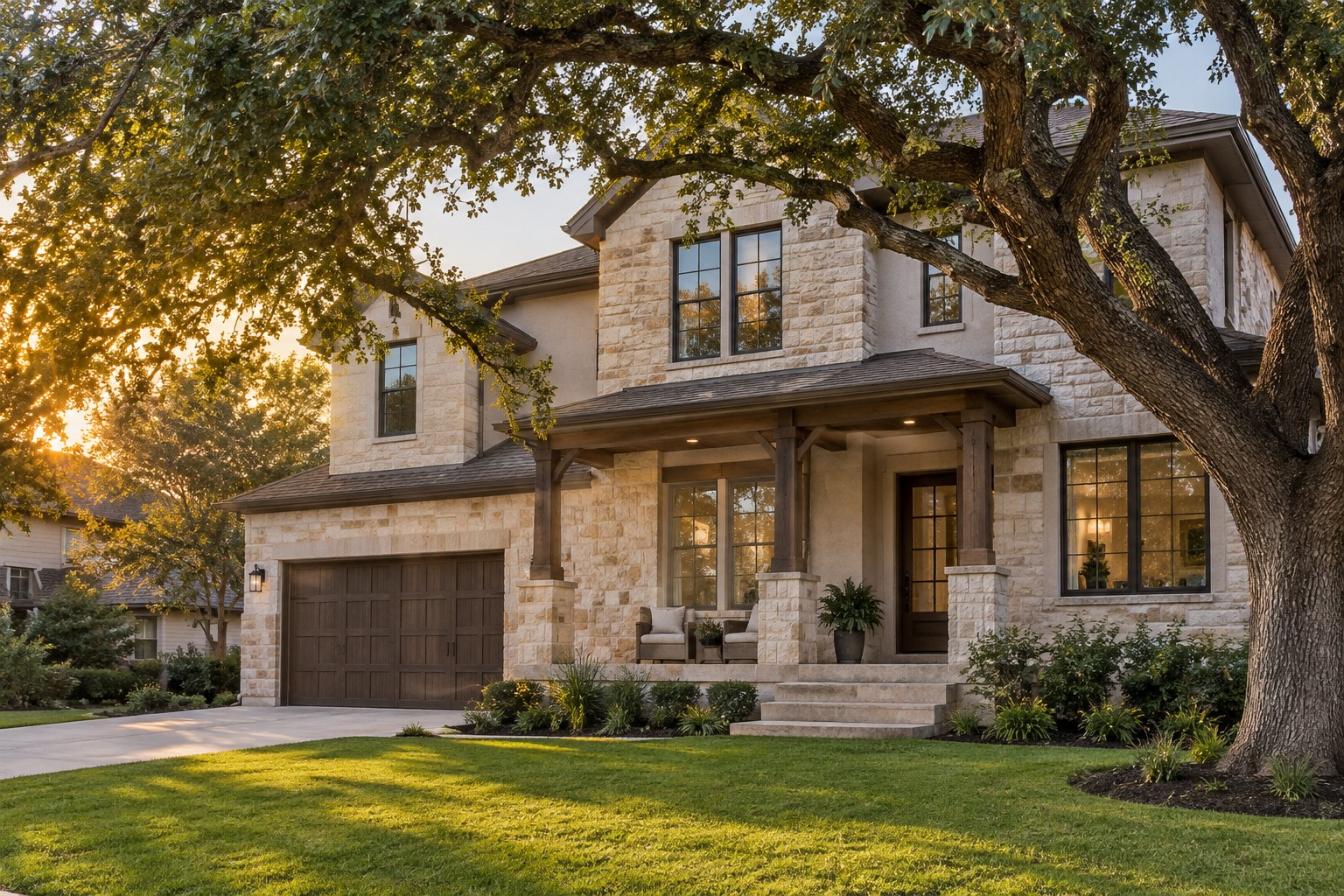 A Central Texas home beneath a live oak in warm evening light, illustrative