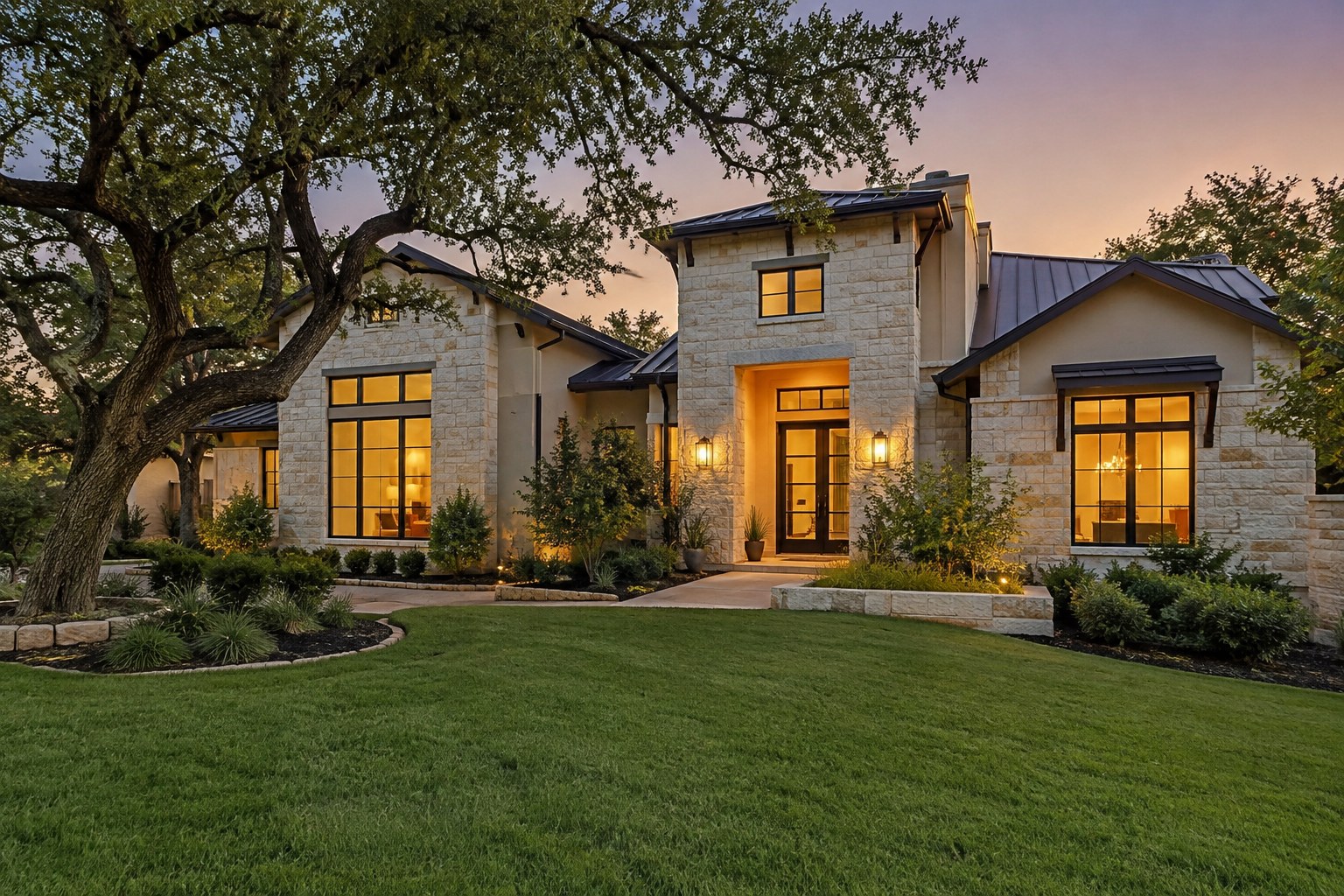 A mountain home at dusk, illustrative