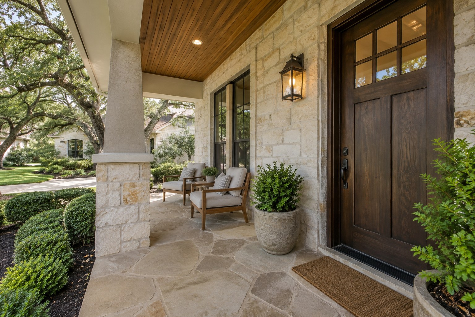 A covered front porch of a Central Texas home, illustrative
